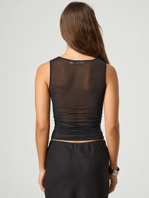 Black sheer ruched tank top with a square neckline and sleeveless cut.