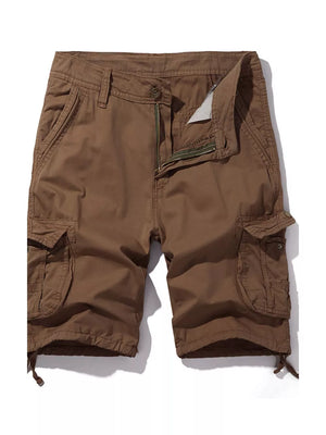 Men's brown cargo shorts with zipper fly, button closure, and drawstring hem.