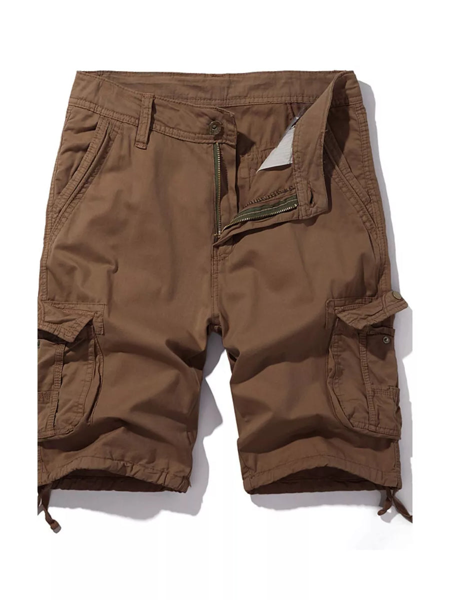Men's brown cargo shorts with zipper fly, button closure, and drawstring hem.