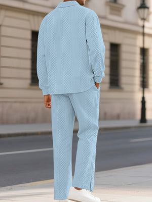Men's Textured Long Sleeve Top And Pants Set in Light Blue