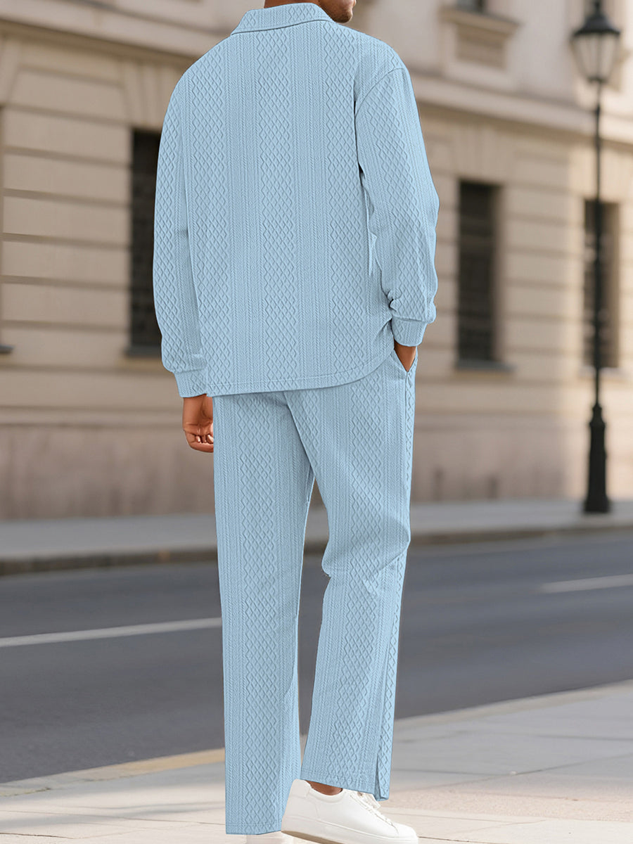 Men's Textured Long Sleeve Top And Pants Set in Light Blue