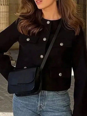 Black cropped tweed button-up jacket with silver buttons and chest pockets.