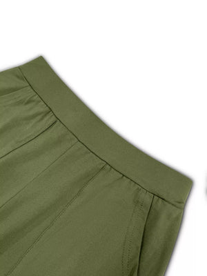 Moss green lounge pants with elastic waistband and stitched details.