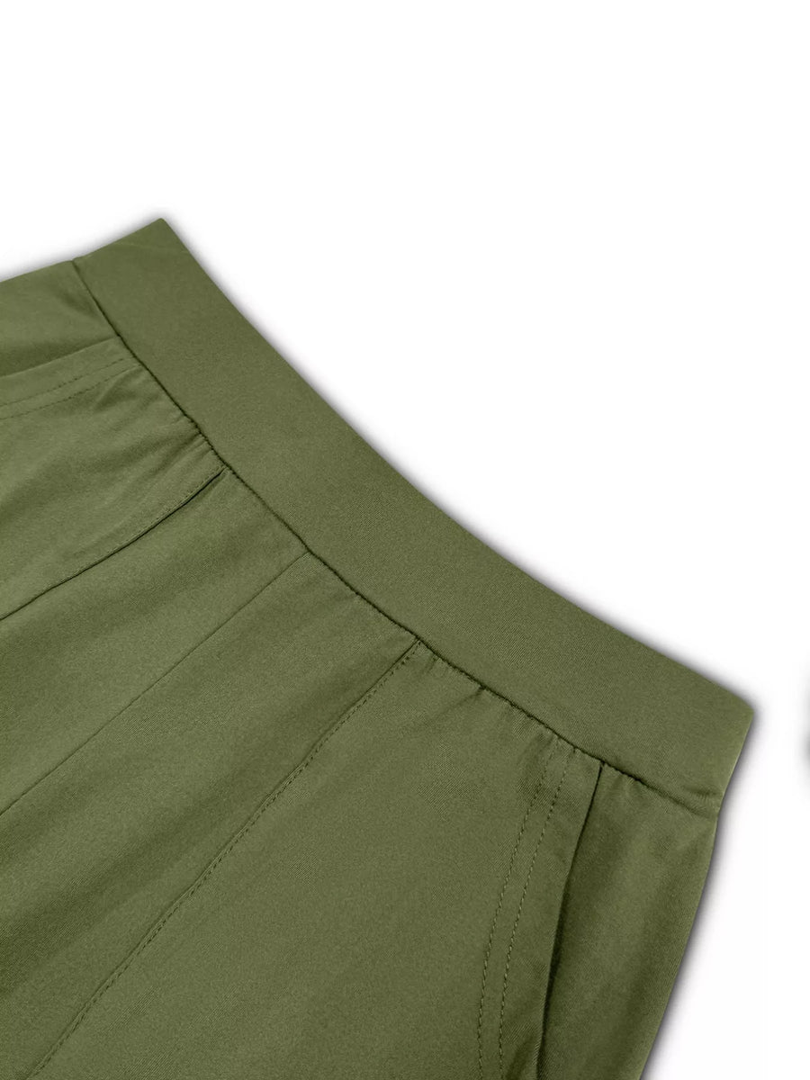 Moss green lounge pants with elastic waistband and stitched details.