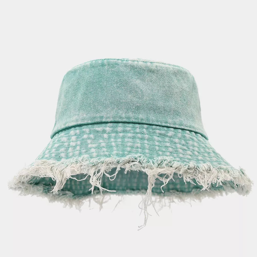 Vintage Washed Denim Bucket Hat in Yellow with frayed