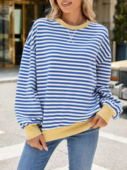 Striped crew neck sweatshirt in royal blue and white with yellow cuffs and neckline