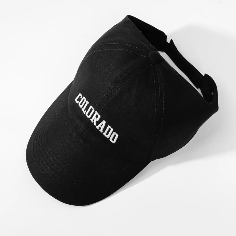 Black cotton visor hat with embroidered Colorado text and adjustable strap