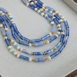 Lapis Lazuli & Pearl Bead Necklace with gold accents, light blue.