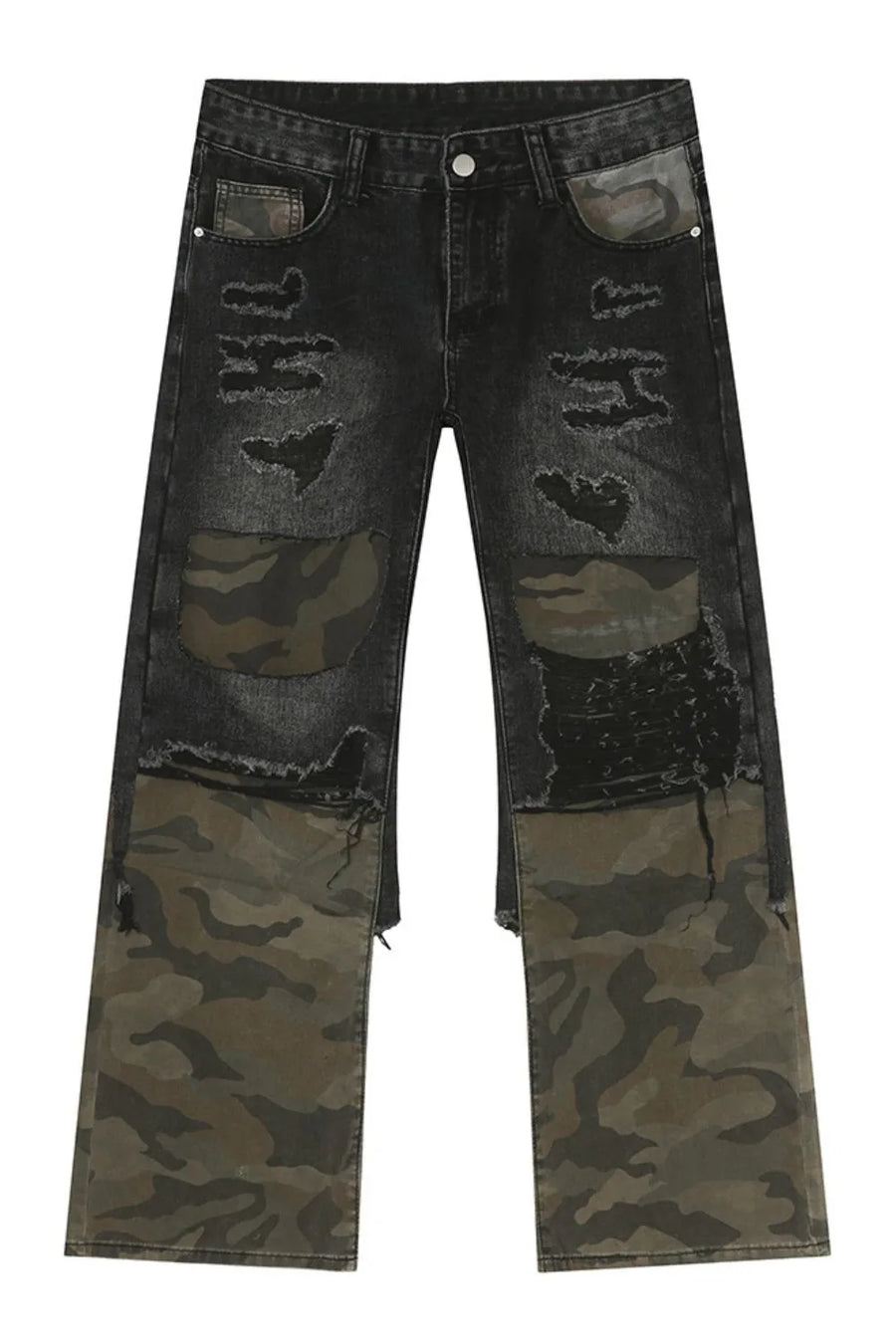 Distressed wide-leg jeans in dark denim with camouflage panels and rips.