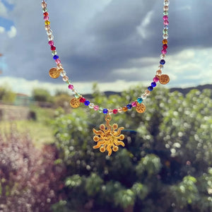 14k Gold-plated Bead Sun Pendant Necklace in gold with beaded