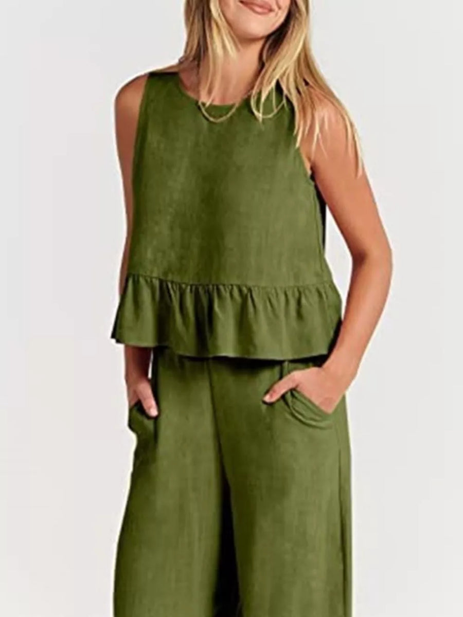 Ruffled Hem Sleeveless Top And Wide-leg Pants Set Plus Size in Navy Blue