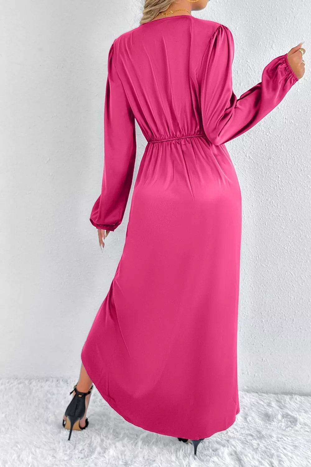 Satin Balloon Sleeve Midi Dress in Taupe with split