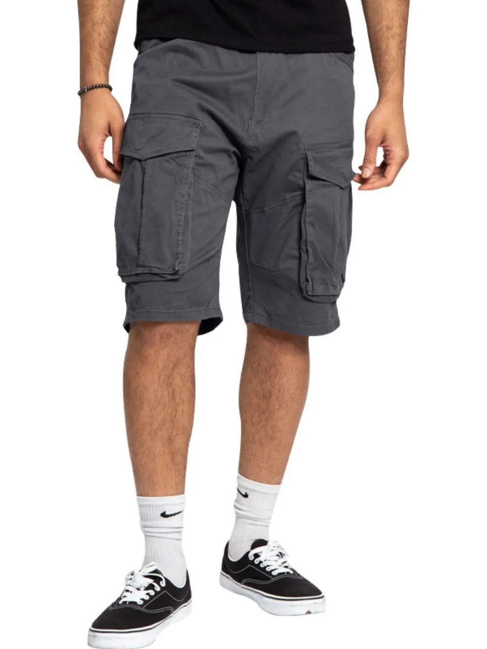 Utility pocket bermuda shorts in gray with multiple cargo pockets.