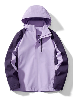 Men's lavender and dark purple waterproof jacket with hood and zip detail