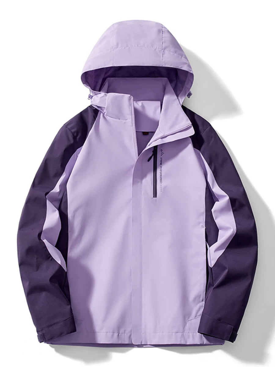 Men's lavender and dark purple waterproof jacket with hood and zip detail