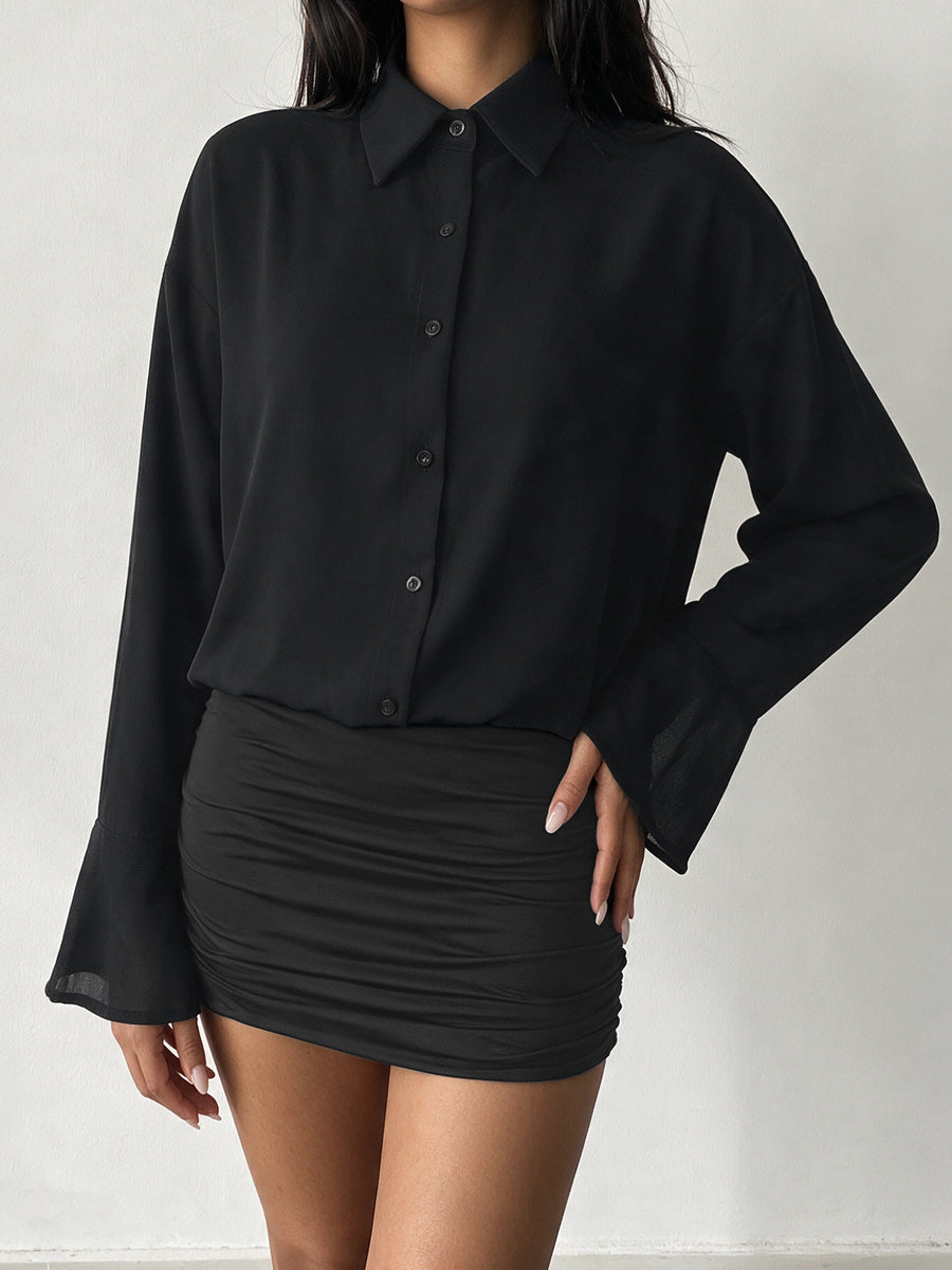 Button Front Flounce Sleeve Bodycon Shirt Dress in black
