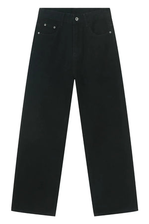 Relaxed fit black denim trousers with a wide leg and classic five-pocket styling.
