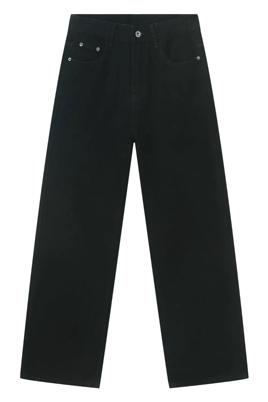Relaxed fit black denim trousers with a wide leg and classic five-pocket styling.