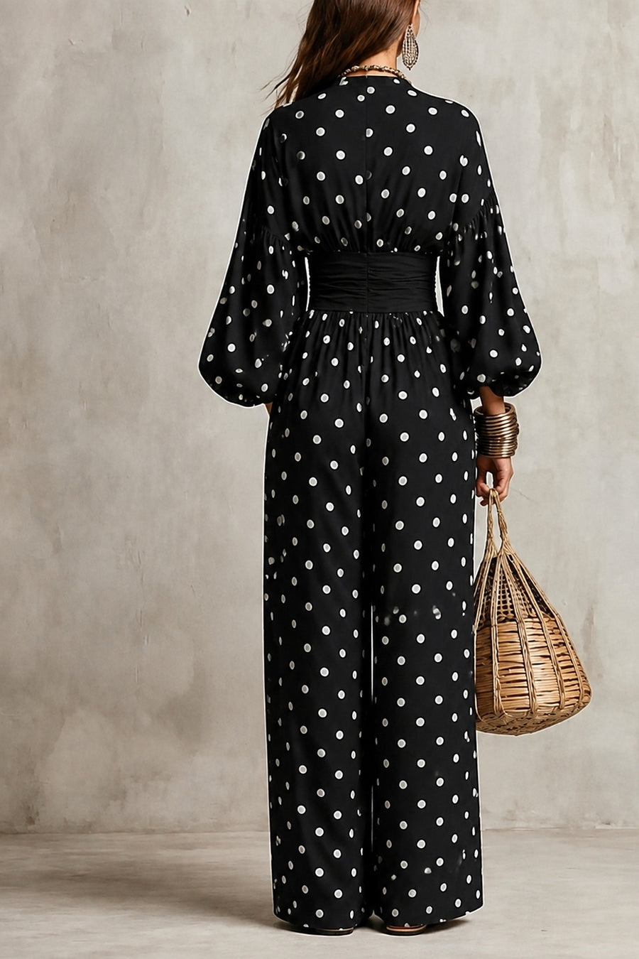 white jumpsuit with smocked and long sleeve
