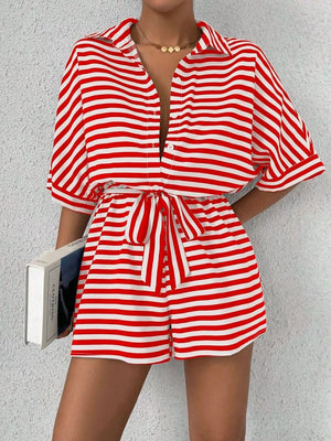 Striped Button Front Half Sleeve Romper in Black