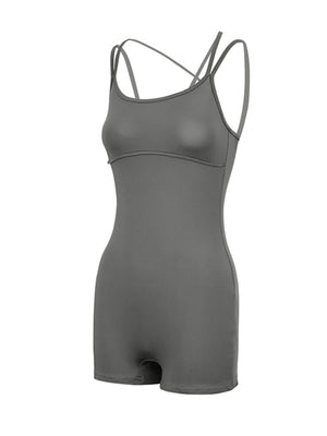 Grey cotton blend active romper with scoop neck and crisscross straps