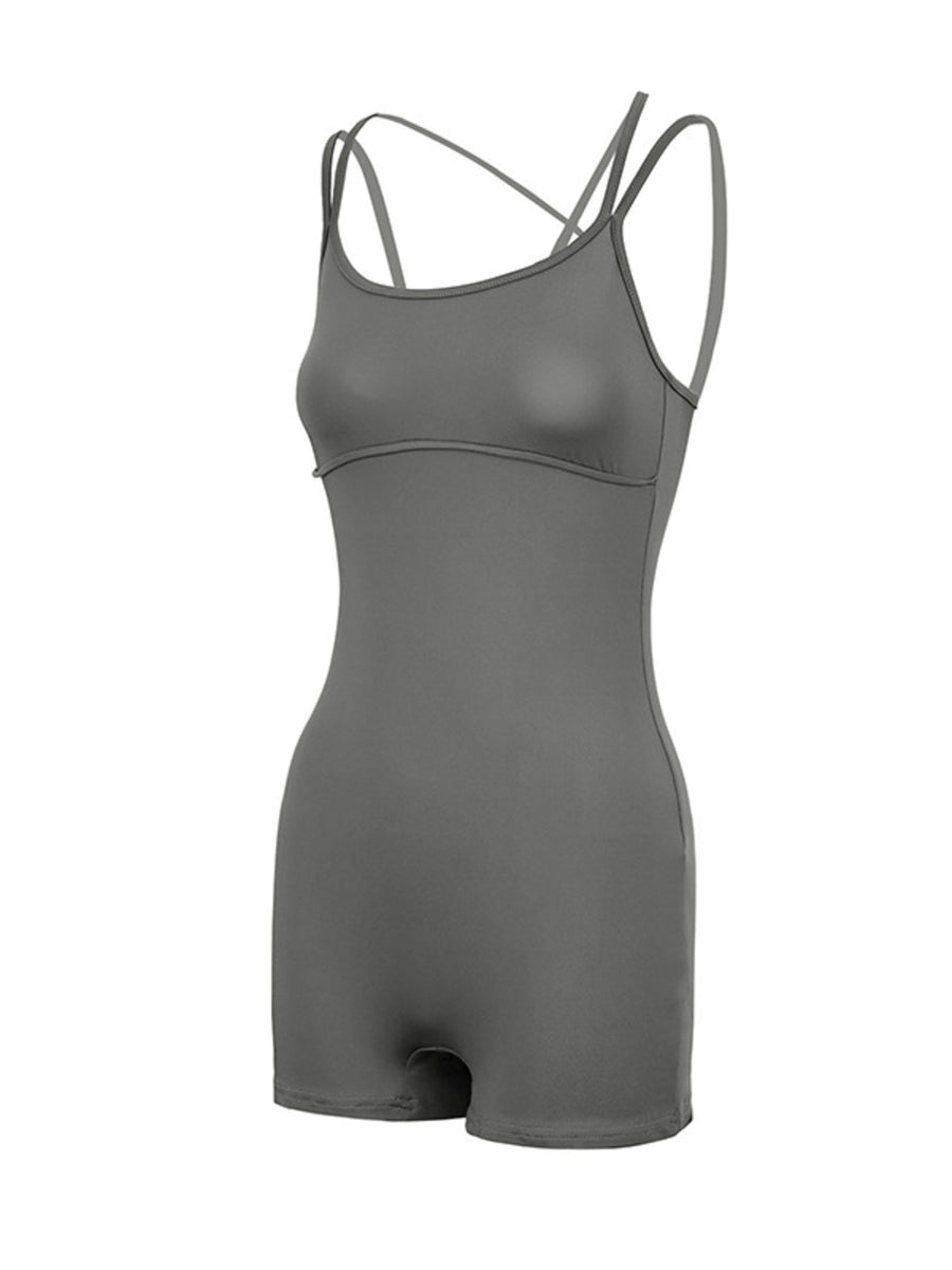 Grey cotton blend active romper with scoop neck and crisscross straps