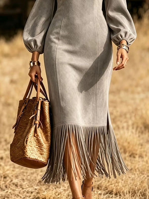 chocolate brown midi dress with balloon sleeve and balloon sleeve