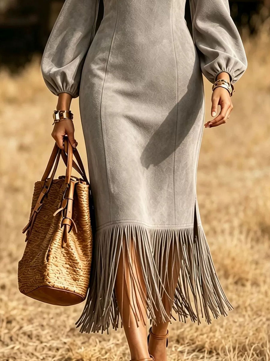 chocolate brown midi dress with balloon sleeve and balloon sleeve