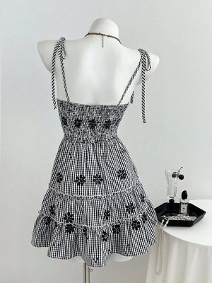 Black with Gingham Floral Tiered Mini Dress