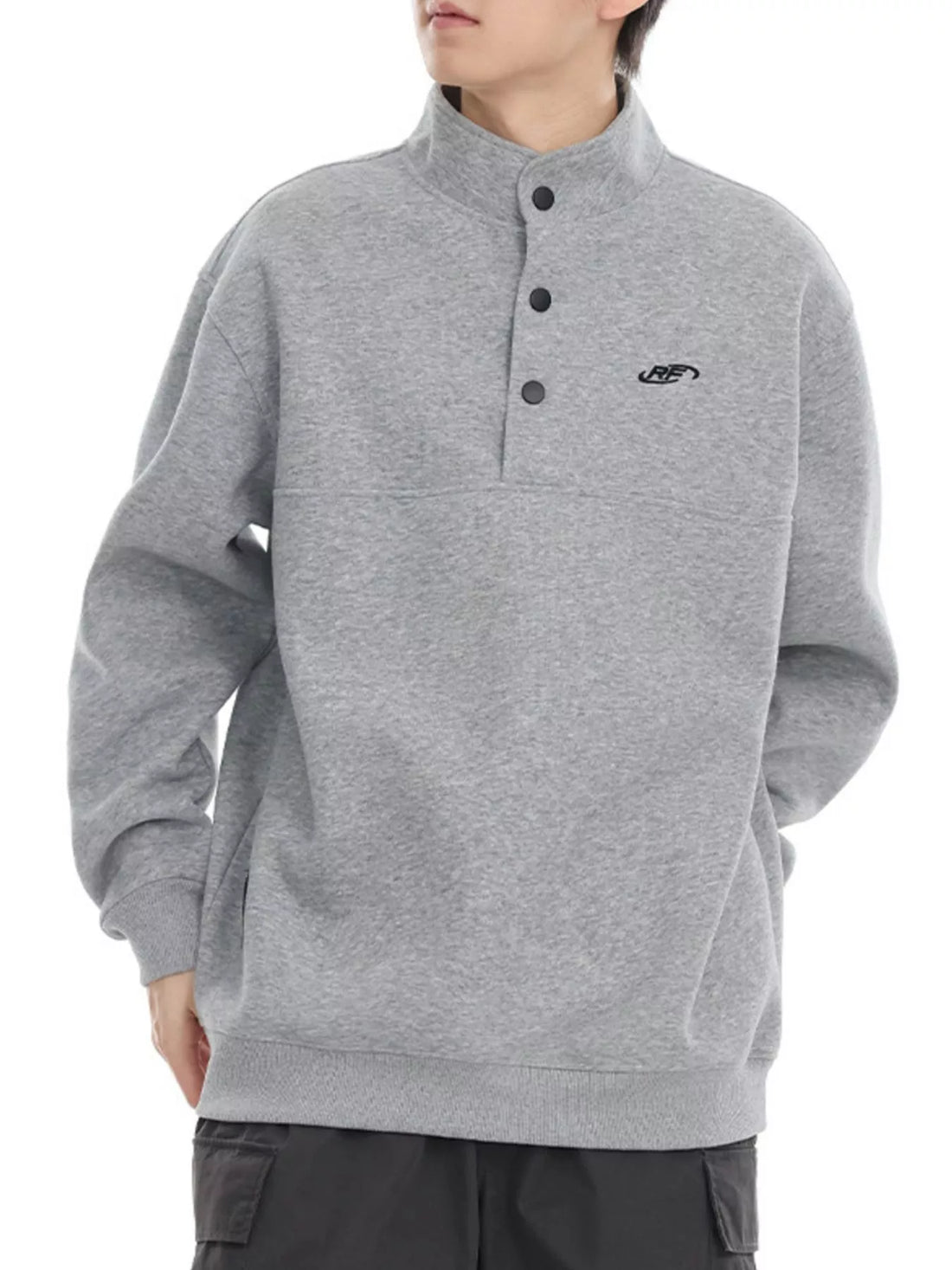 Plus-size grey buttoned sweatshirt pullover with mock neck and embroidered logo