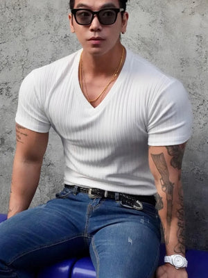 White ribbed slim-fit V-neck tee with short sleeves and a deep V-neck.