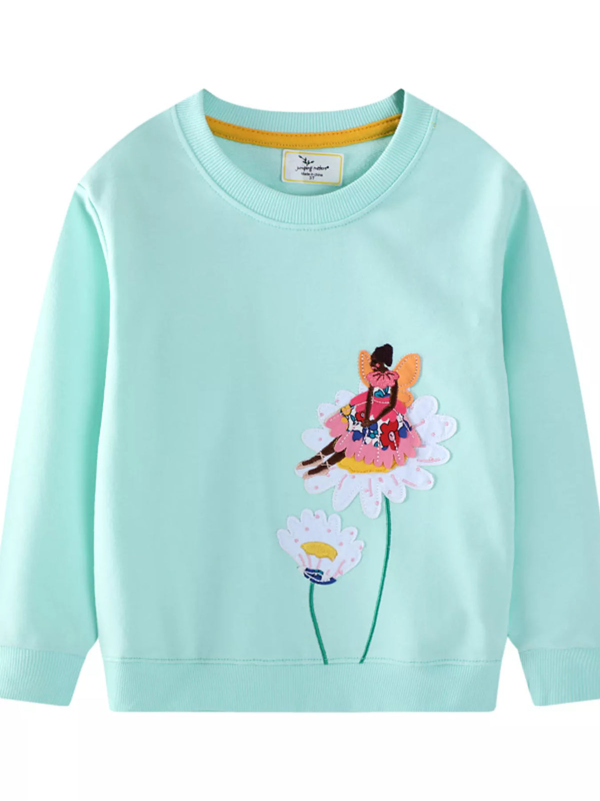 Aqua crew neck sweatshirt with embroidered fairy on flower applique.