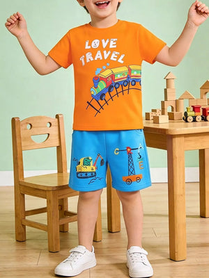 Boys' orange cotton t-shirt with train graphic and blue shorts with construction vehicles.