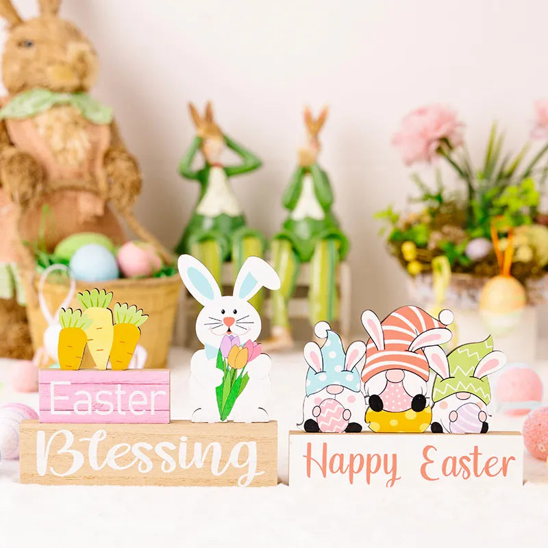 Easter wooden gnome trio display with bunnies and carrots, perfect for seasonal decor.