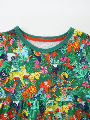 Toddler green cotton dress with jungle animal print and pocket