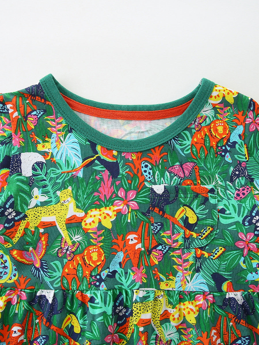 Toddler green cotton dress with jungle animal print and pocket