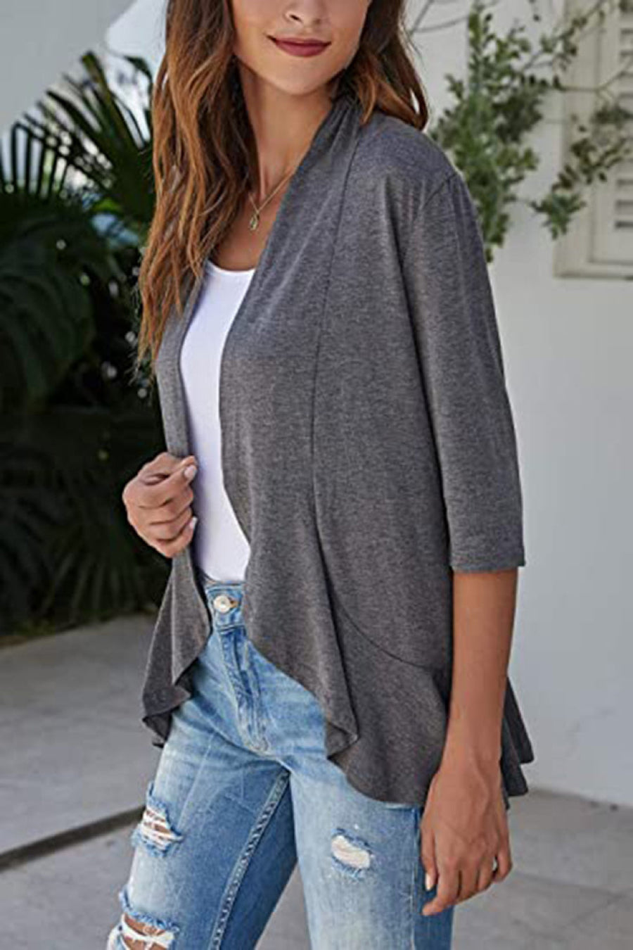 Dark Gray waterfall cardigan with asymmetric hemline and 3/4 sleeves.