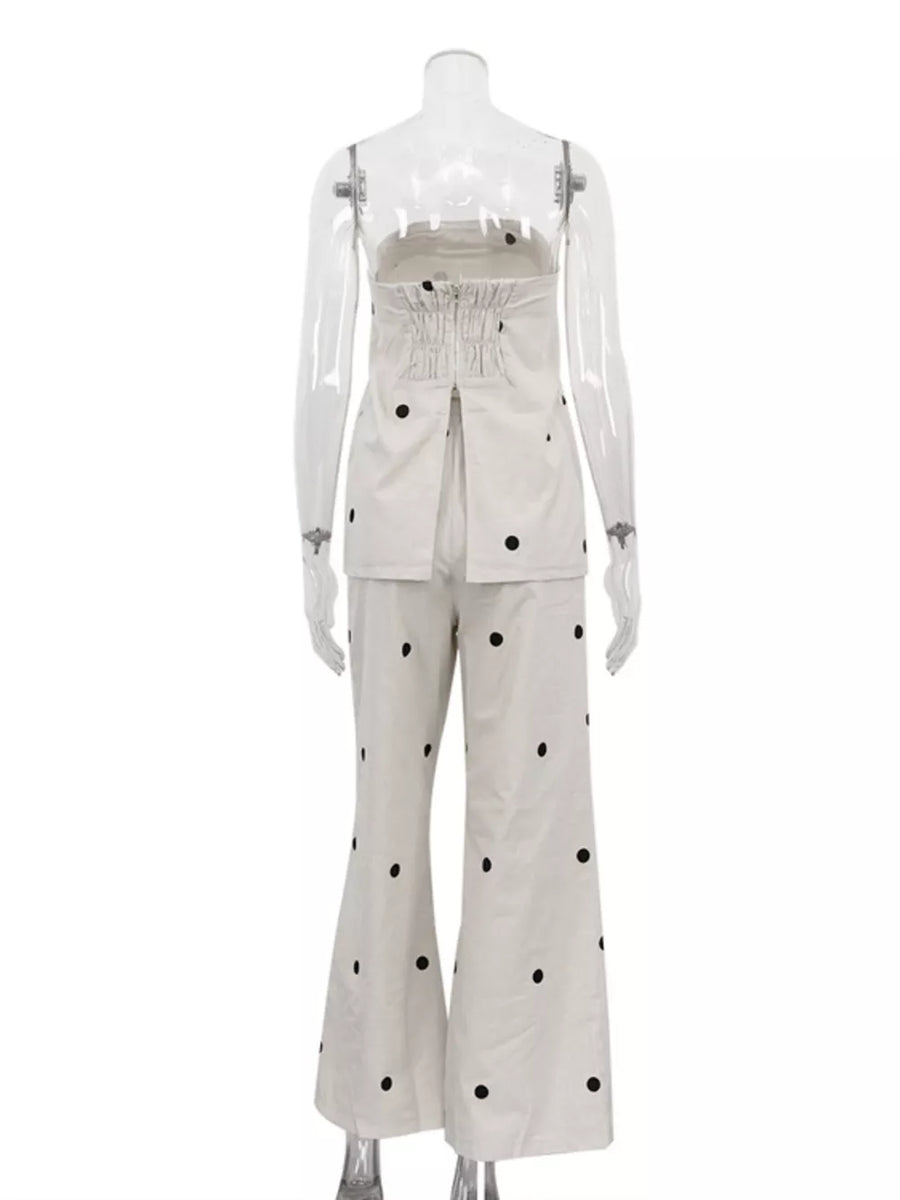 White polka dot strapless top and wide leg pants set with smocked bodice detail