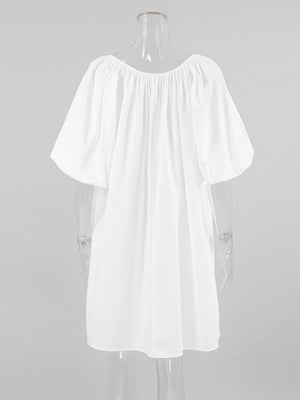 bohemian mini dress in ivory with tie neck