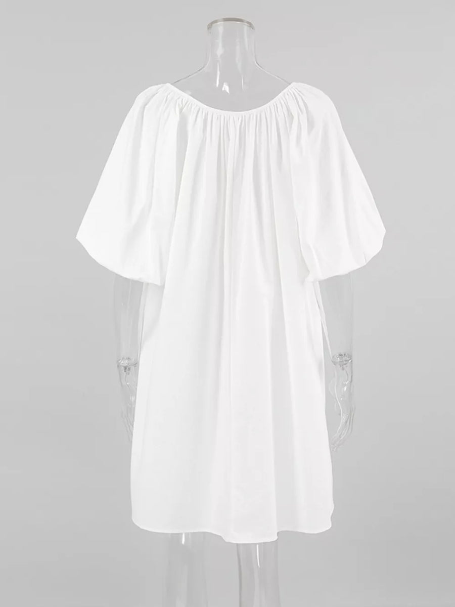 bohemian mini dress in ivory with tie neck