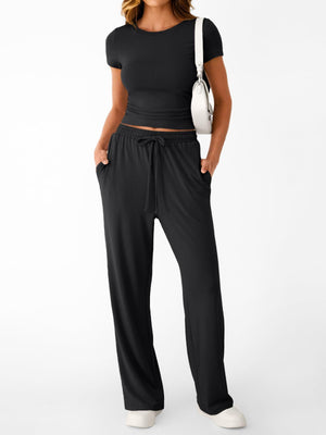 Black round neck tee and relaxed fit drawstring pants set