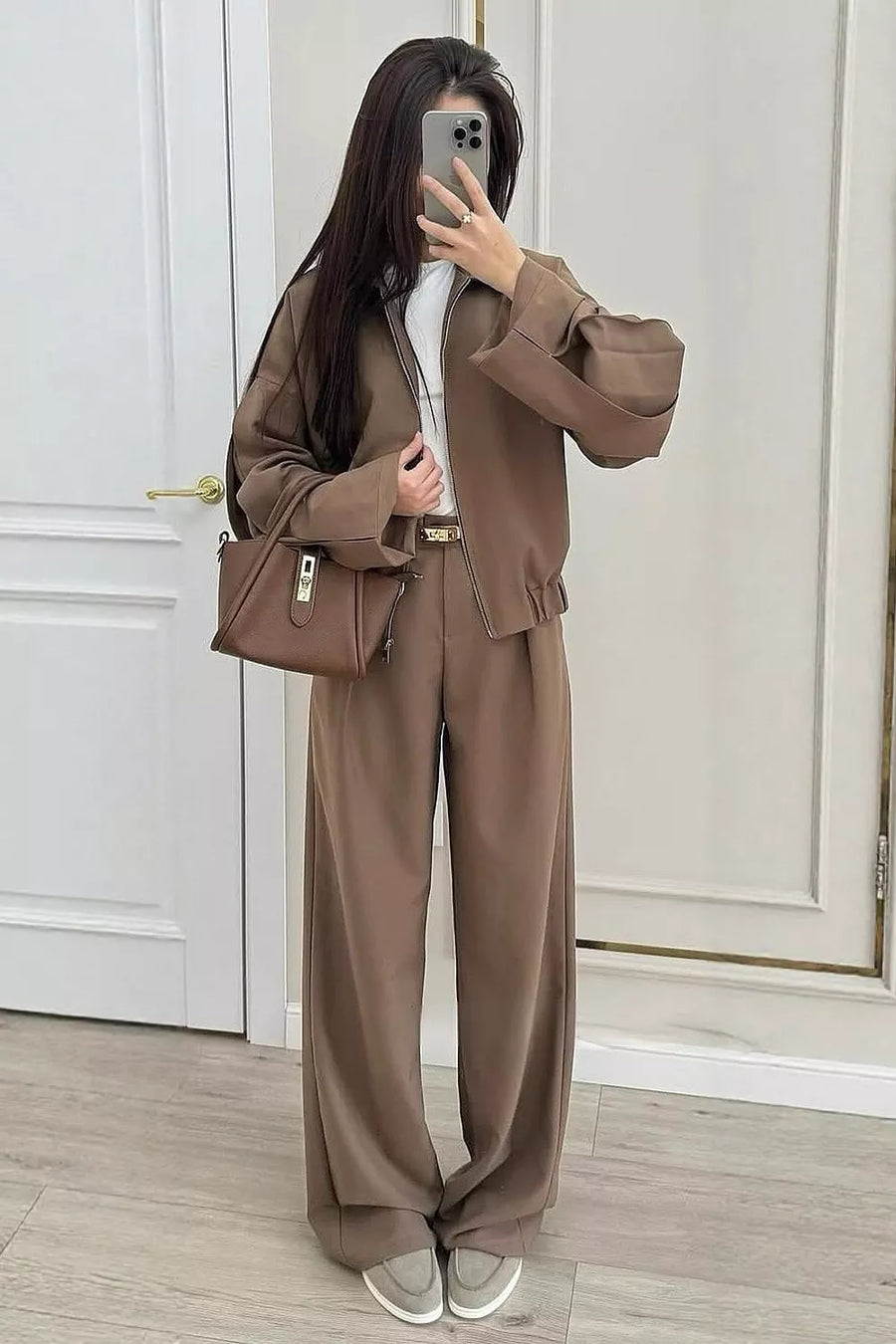 matching set in mocha brown featuring two-piece set and relaxed fit