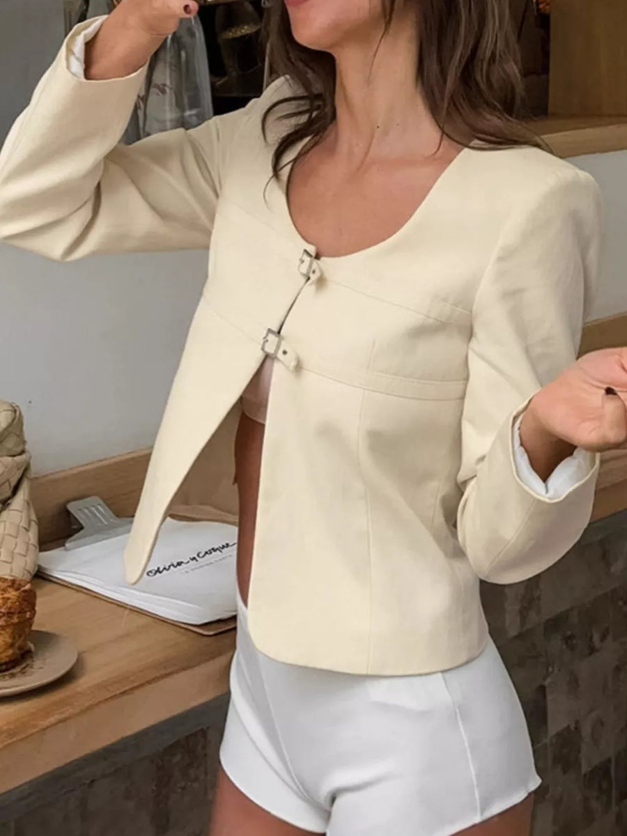 100% polyester Care instructions: Machine wash cold jacket in ivory with fitted silhouette