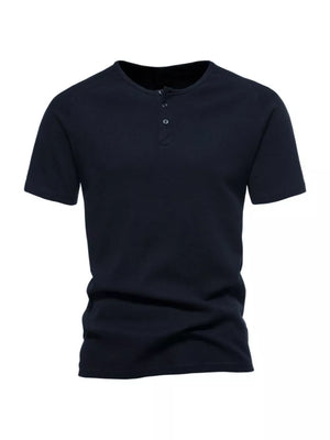Men's Deep Navy Blue Cotton Henley T-Shirt with button detail