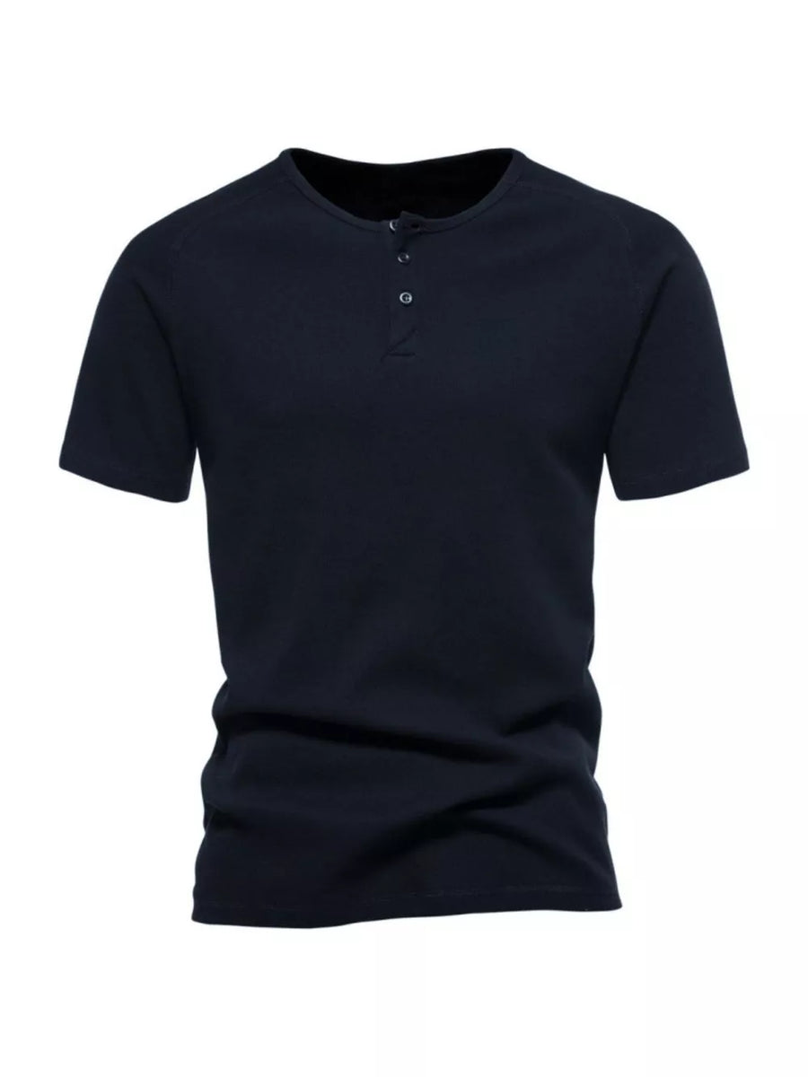 Men's Deep Navy Blue Cotton Henley T-Shirt with button detail