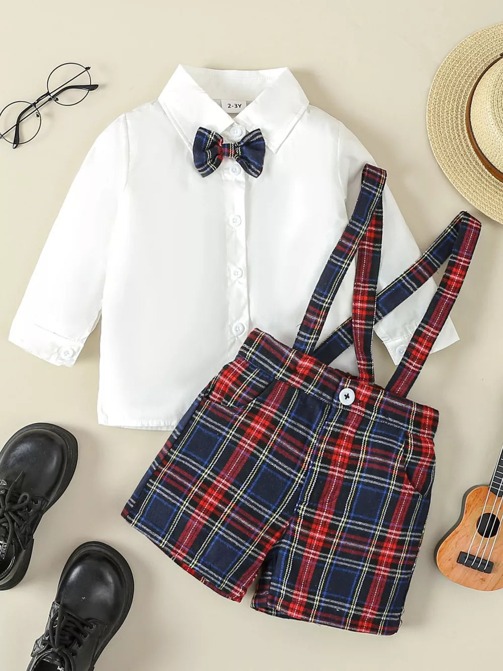 White Children's Button Up Long Sleeve Shirt And Suspender Set