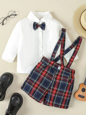 White Children's Button Up Long Sleeve Shirt And Suspender Set