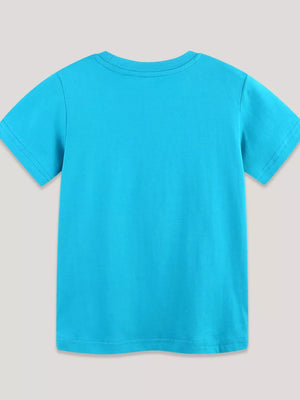 Toddler blue cotton t-shirt with short sleeves and crew neck.