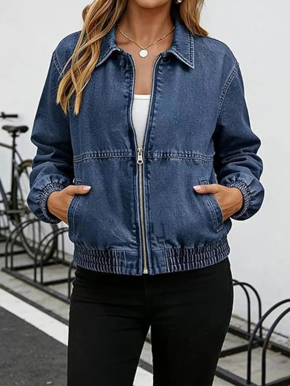 95%cotton, 5%spandex Care instructions: Machine wash cold denim jacket in Dark Blue with relaxed silhouette