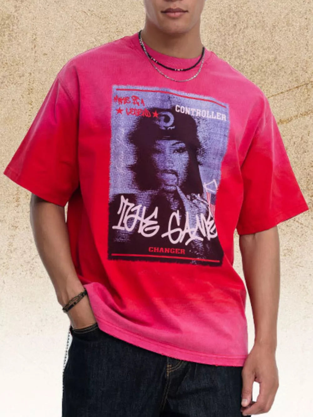 Red tie-dye graphic tee with short sleeves and a crew neck.